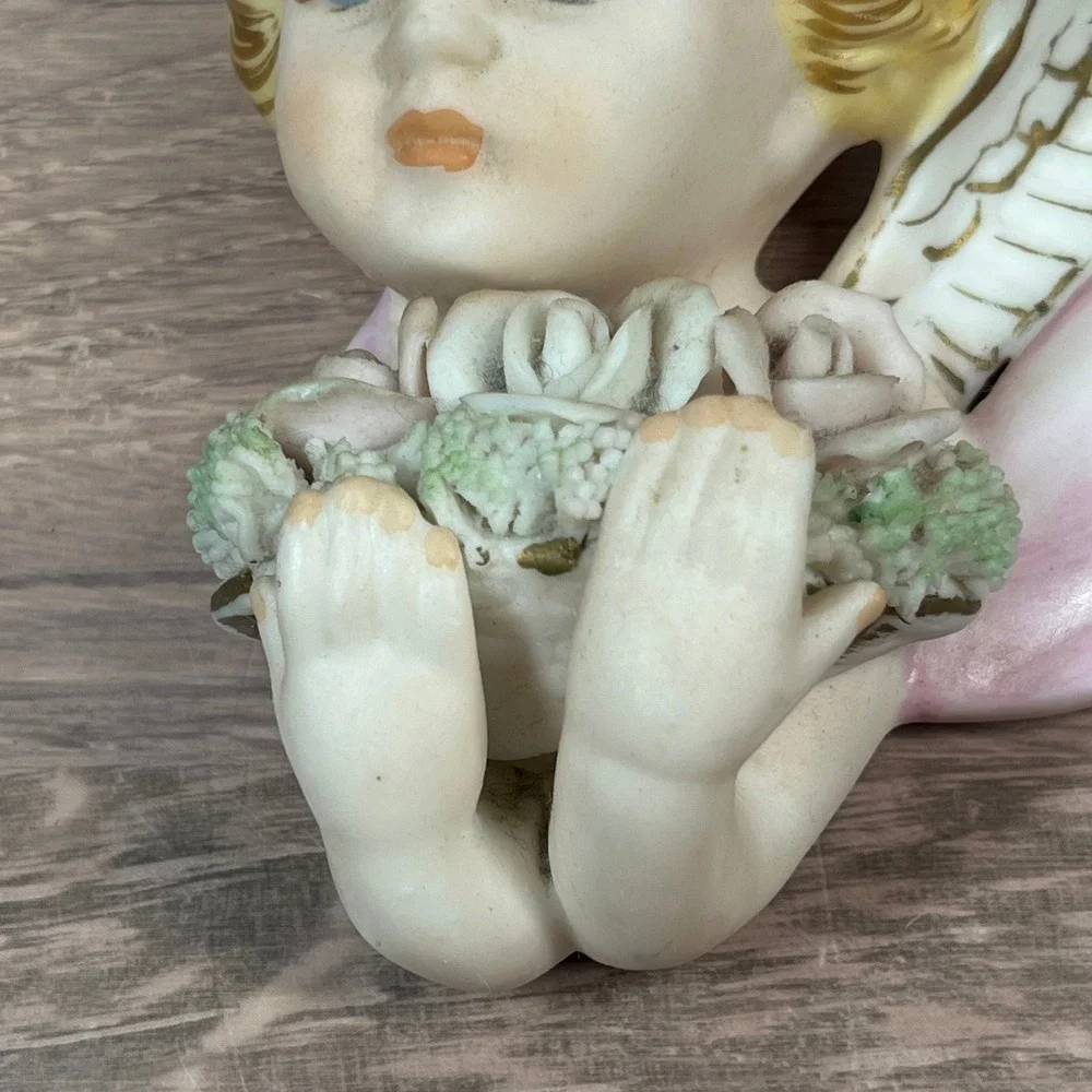 Norcrest Angel Wall Pocket Figurine Pink Blonde Roses Japan Vintage 1950s